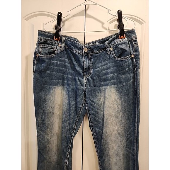 WOMENS 17/18 MED WASH HYDRAULIC JEANS MID RISE BOOT CUT STUDDED POCKET FLEX - Picture 2 of 11